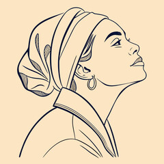 Profile portrait line art of woman with headscarf portrait earrings © Saharima
