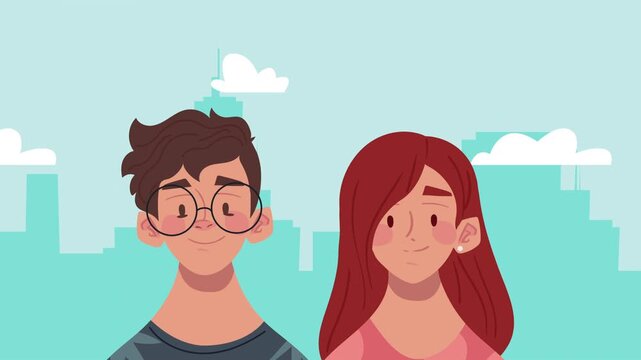 Cartoon young couple characters animation in urban city background with moving clouds and skyscraper silhouette.