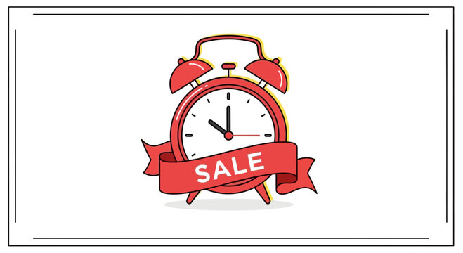 Red Alarm Clock with Sale Banner - Time for Shopping Discount