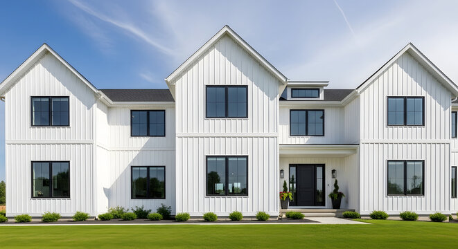 Modern luxury farmhouse with white vertical siding and dark windows on sunny day.