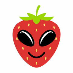 Fototapeta premium Cute cartoon strawberry alien with big eyes and smiling face, red fruit character with alien features.