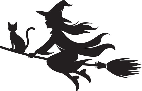 Witch Flying on Broomstick with Black Cat Silhouette Vector