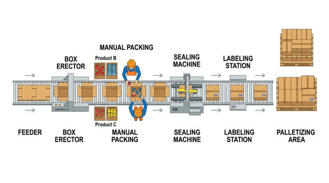 Automated Packaging Line with Feeder Sealing Labeling and Palletizing Stations.