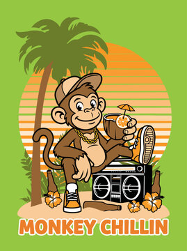 Monkey sitting with boombox and drink.