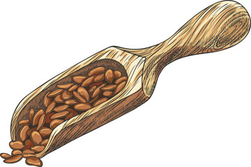Fototapeta premium Flax seed pile in wooden scoop vector sketch, superfood, hand drawn Linen cereal crops seeds, condiment seasoning grains