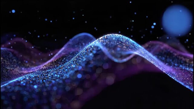 A mesmerizing abstract visualization depicts flowing, luminous waves of interconnected particles against a deep black background, evoking a sense of futuristic technology and ethereal beauty.