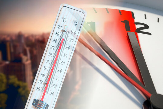 A thermometer, climate change, and a clock symbolizing the urgency of environmental protection