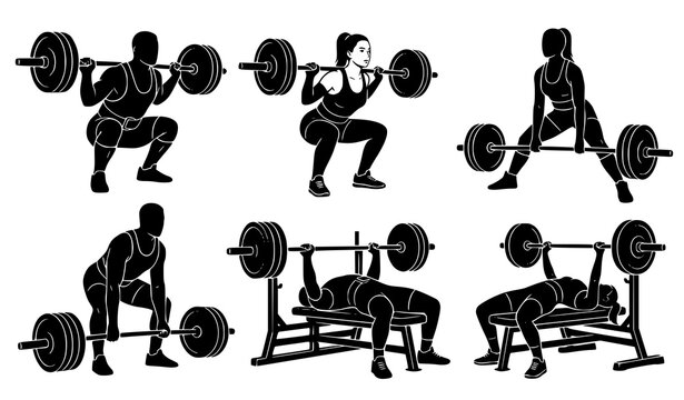 Powerlifting athletes black silhouette vector set with squat deadlift and bench press
