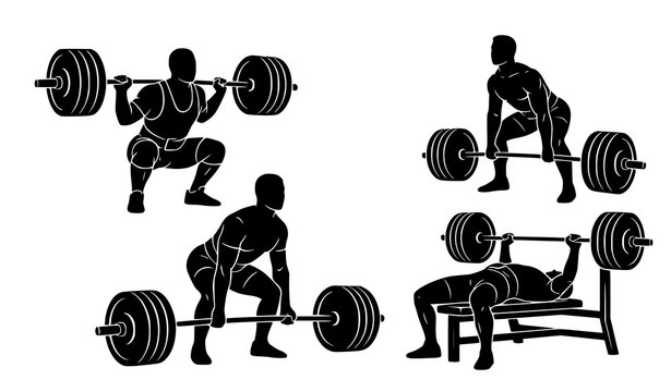 Black powerlifter silhouette collection vector strength training athletes set