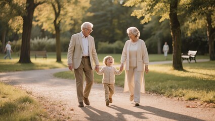 Obraz premium Senior couple walking with grandchild in park