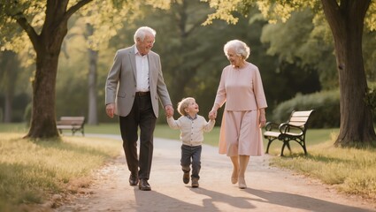 Obraz premium Senior couple walking with grandchild in park