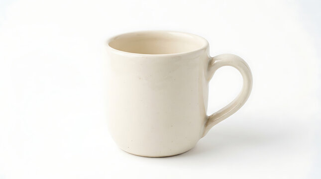 A simple ceramic coffee mug sits on a plain surface in a neutral environment.