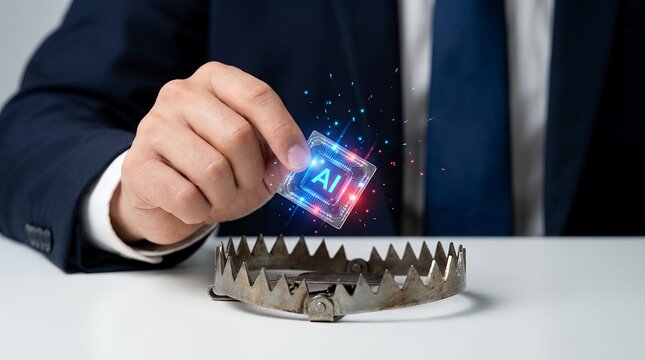 A person in a suit holds a glowing AI chip above a metal animal trap symbolizing a dangerous technological lure artificial intelligence technology business risk cybersecurity