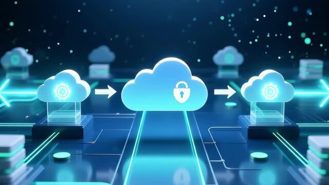 Secure AI Automation Workflow: Data Sync Across a Futuristic Cloud Communication Network Illustrating Digital Security and Seamless Connectivity in High-Tech Environment