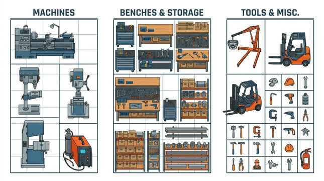 Industrial workshop equipment and tools displayed in sections.