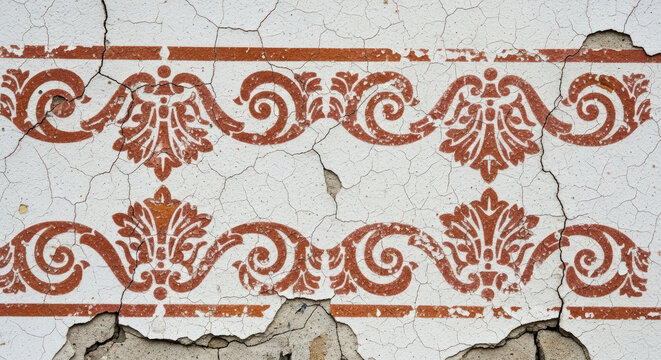 Rustic Ornamental Scrolls Pattern on Cracked Plaster Wall