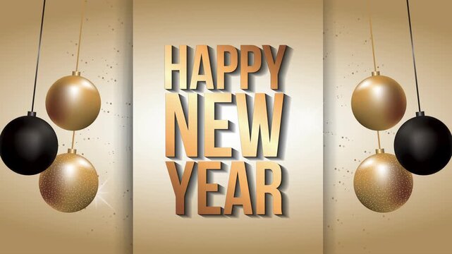 Elegant happy new year message with hanging ornaments and gold sparkles motion.