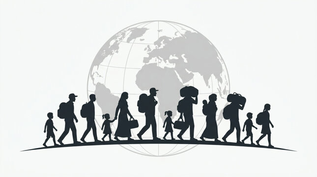 International Refugee Day Human migration graphic silhouetted families, individuals, children carrying bags, walking across world map, symbolizing displacement, refugee journeys, new homes