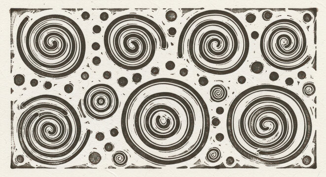 Spirals Lino Print Rustic Handcrafted Texture on White Paper