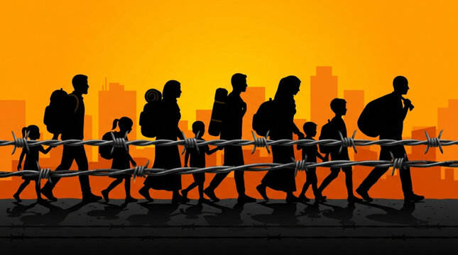 International Refugee Day Silhouette of a family of refugees walking with their belongings in the background of a city skyline during sunset, symbolizing migration and displacement