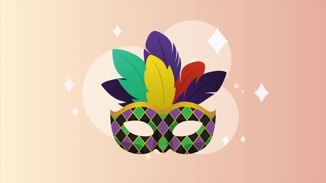 Mardi Gras mask animation with colorful feathers and sparkling background for carnival festival celebration.