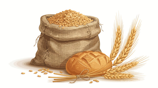 Illustration of a burlap sack of wheat grains with a loaf of bread and wheat stalks on a white background