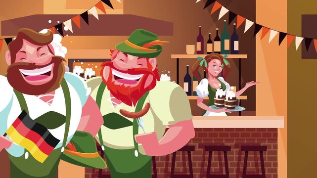 Oktoberfest celebration animation with happy people drinking beer and wearing traditional german costumes in pub interior.