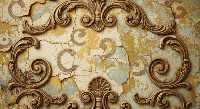 Vintage Rococo Swirls Frame on Cracked Wall Texture