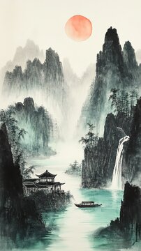 Chinese ink wash painting light colors green blue mountains water pine trees small boat river traditional buildings waterfall sunset black ink with faint cyan ochre loose brushwork wet on wet ink blee