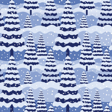 A seamless winter pattern featuring blue Christmas trees and snow‑covered firs on rolling snowy hills, perfect for holiday wrapping paper, seasonal backgrounds, textiles, and festive graphic design.