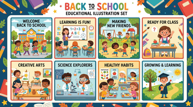 Back to School Educational Illustration Set Celebrating Learning, Creativity, and Growth with Diverse Students in Fun Classroom and Outdoor Scenes