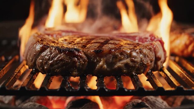 Thick T-bone steak grilling on a barbecue over open flames