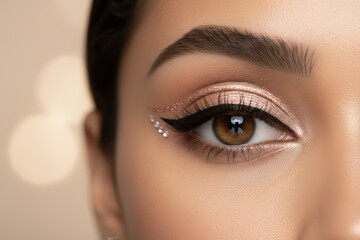 Naklejka premium Close up of female eye with creative makeup and glitter rhinestone
