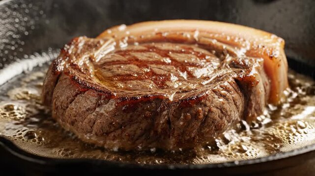 Close up of beef steak searing in a cast iron skillet