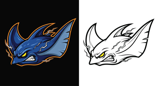 Aggressive blue manta ray mascot logo design with glowing yellow eyes and energetic aura, presented in both color and outline versions.