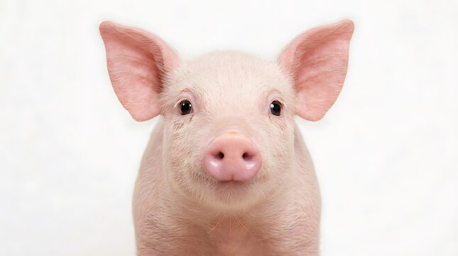 Close up portrait of a cute young pink piglet looking directly at camera