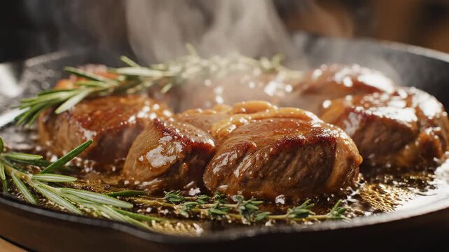 Beef medallions cooking in a skillet with rosemary and thyme