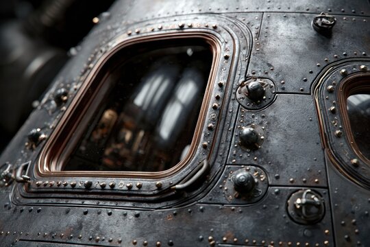 Close-up of a riveted metallic spacecraft panel with window