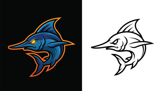 Dynamic blue marlin or swordfish mascot logo with orange glow and fierce yellow eye, accompanied by a monochrome outline version.
