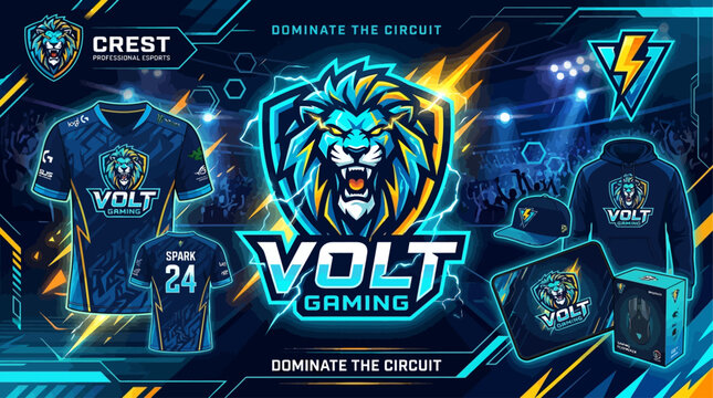 Volt Gaming esports merchandise with lion mascot and apparel, dominate the circuit design