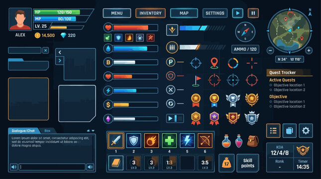 Comprehensive fantasy role-playing game user interface elements set with player status, inventory, map, and quest log for an immersive virtual gaming experience
