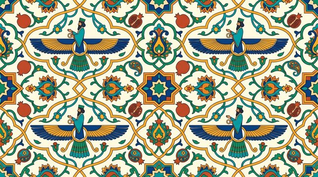 Intricate Persian Pattern with Faravahar Symbol and Floral Motifs.