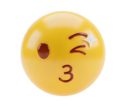 3d illustration of a yellow winking face emoji with a kissy expression and a sparkling star, , isolated on transparent background