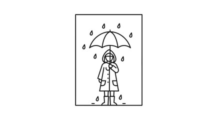 Fototapeta premium Minimalist Line Art: Person with Umbrella in Rain, Simple Weather Illustration