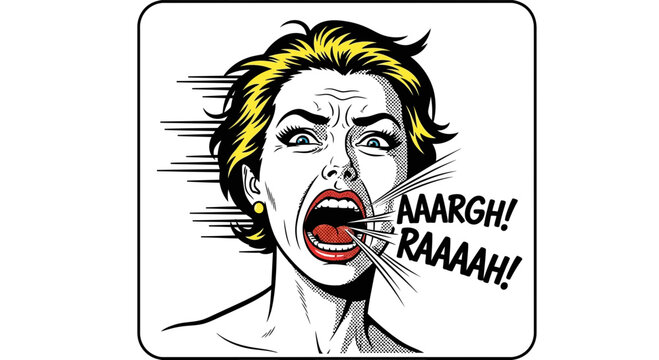 Woman screaming in rage, comic book style, pop art, expressing anger and frustration