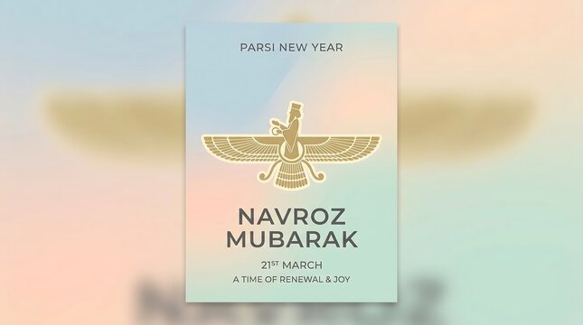 Navroz Mubarak Greeting Card with Faravahar Symbol.