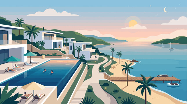 Vibrant illustration of a lavish beachfront resort, complete with chic architecture, tranquil pools, and a scenic ocean vista, perfect for an ultimate luxury escape