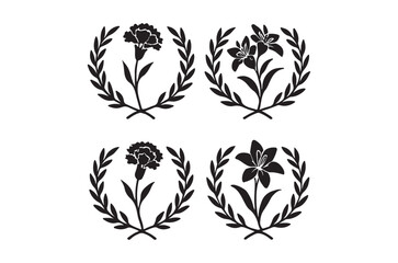 Fototapeta premium black floral wreath icons with leaves and flowers on white background
