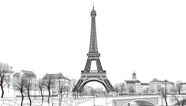 Intricate line drawing of Parisian landmarks, Eiffel Tower prominent, sketched style, scene, Eiffel Tower