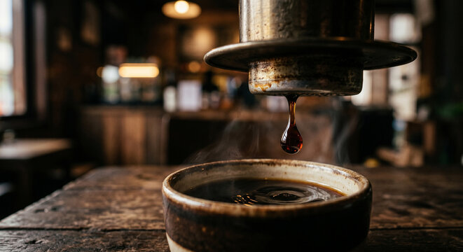 Vietnamese Phin Coffee Dripping Into Ceramic Cup Moody Cafe Interior